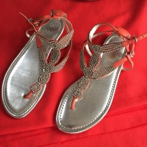 Coral and Bling Leather Thong Ankle Strap Sandals